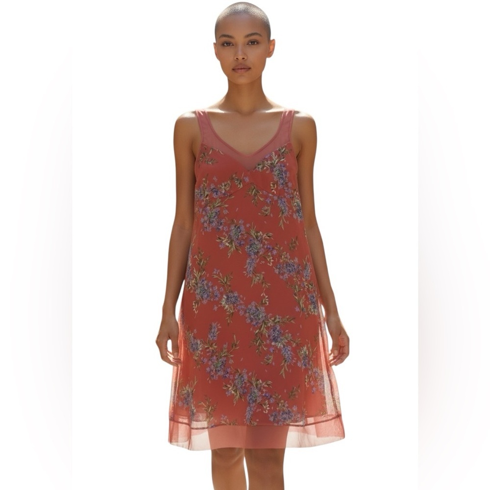 BCBG SLIP DRESS Coral and Blue Floral size Medium V Neck Sleeveless Dress